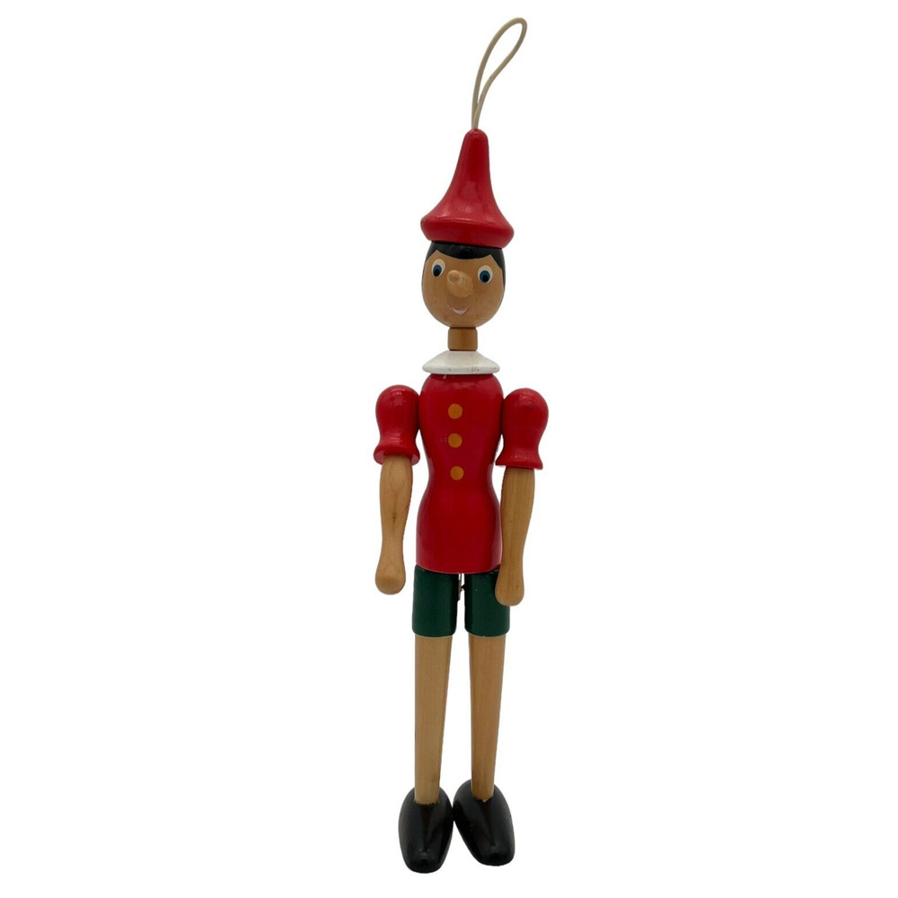 VTG Pinocchio Ornament 11" Wooden Jointed Articulating Doll Mantel Cabinet